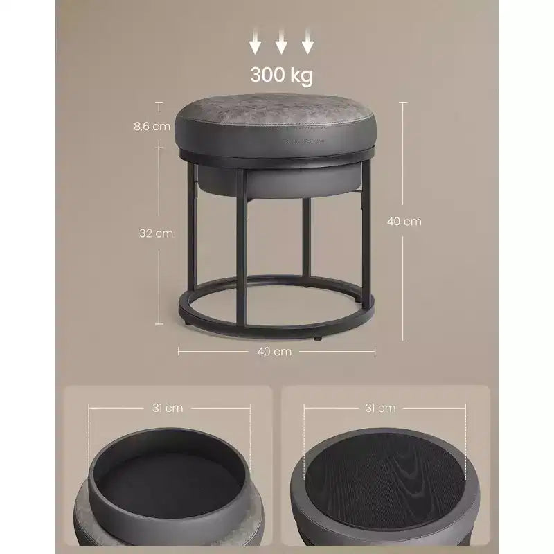 Pouf rotondo, piano reversibile e vano portaoggetti a scomparsa, ecopelle, 40 cm, 300 kg