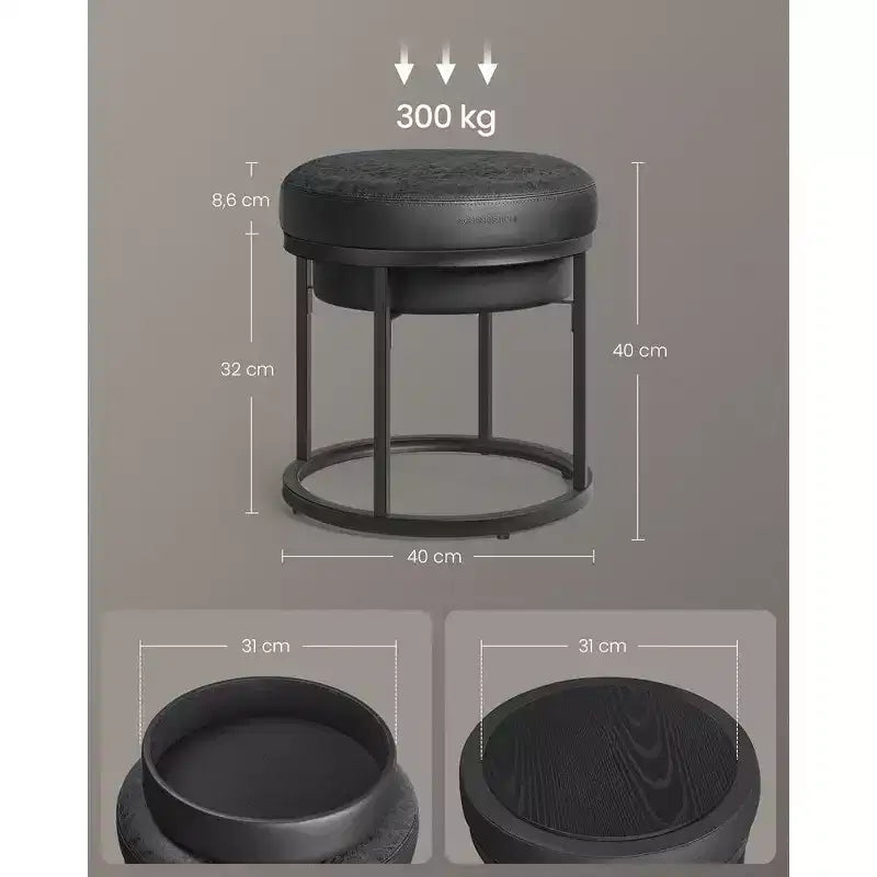 Pouf rotondo, piano reversibile e vano portaoggetti a scomparsa, ecopelle, 40 cm, 300 kg