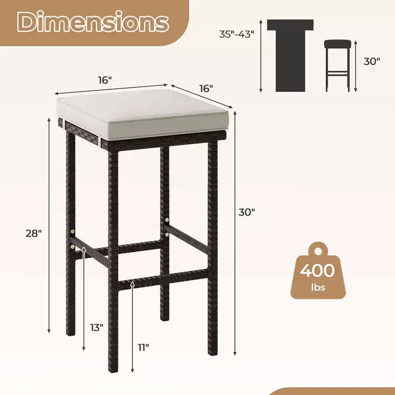 Costway Sgabelli da Bar in Vimini Set da 2 con Cuscini Rimovibili Poggiapiedi Supporto 180 kg