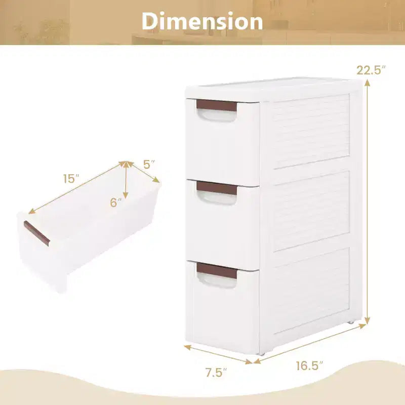 Mobiletto stretto a 3 cassetti su rotelle, polipropilene, bianco, 42x19x57 cm