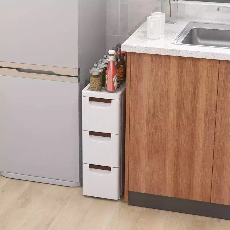 Mobiletto stretto a 3 cassetti su rotelle, polipropilene, bianco, 42x19x57 cm