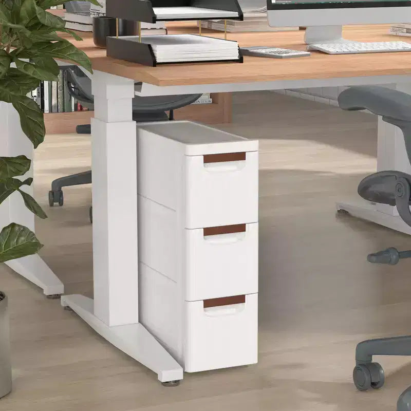 Mobiletto stretto a 3 cassetti su rotelle, polipropilene, bianco, 42x19x57 cm