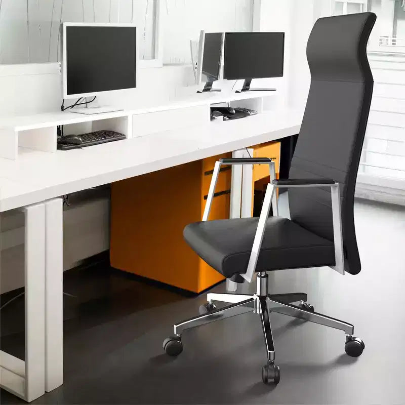 Sedia direzionale ergonomica in pelle con schienale alto, supporto lombare, girevole e inclinabile, 150 kg