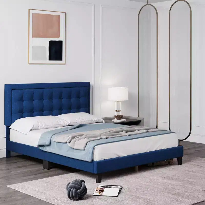 Struttura letto a piattaforma matrimoniale/queen/king, testiera con bottoni trapuntati, doghe in legno, altezza regolabile