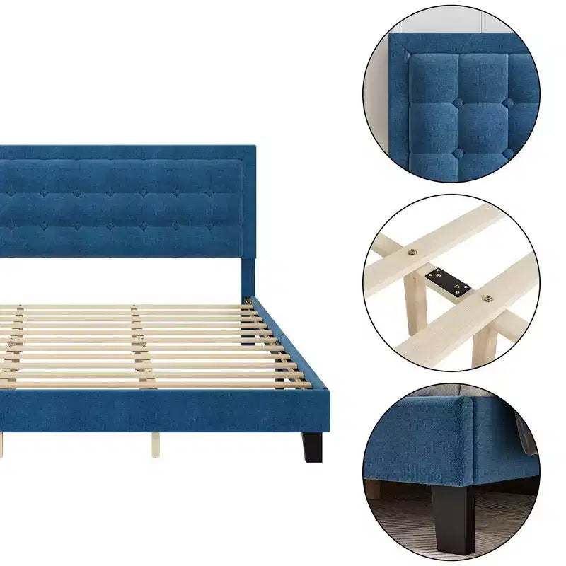 Struttura letto a piattaforma matrimoniale/queen/king, testiera con bottoni trapuntati, doghe in legno, altezza regolabile