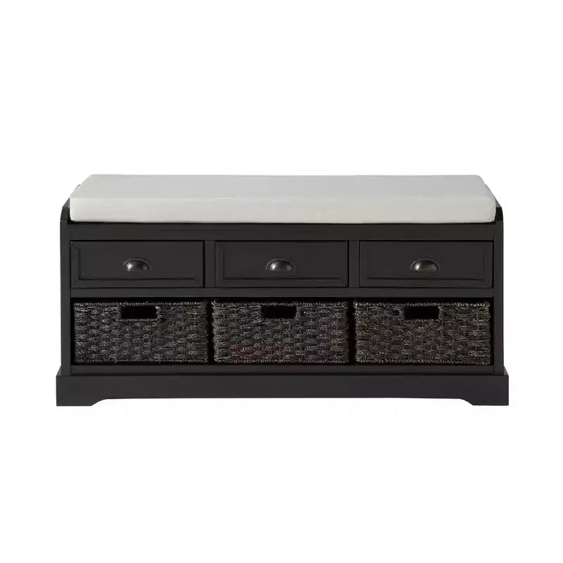 Storage Bench, Wooden Storage Bench Organizer with 3 Drawers and 3 Baskets, Entryway Shoe Bench with Cushion for Living Room, Hallway, Entryway