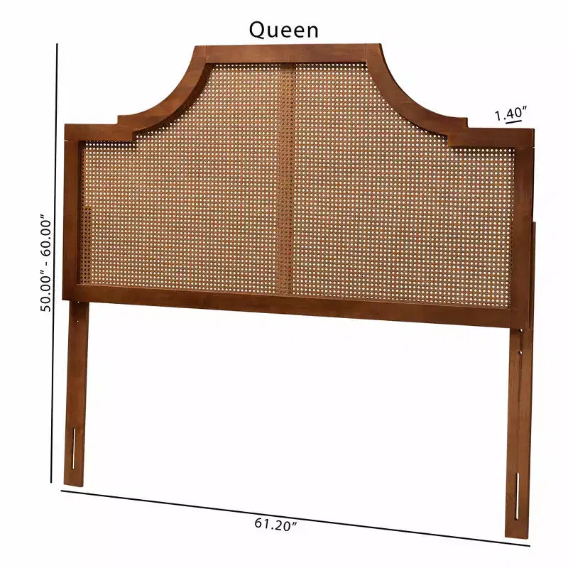Testata Queen Size in Rattan e Legno di Frassino Noce, Design Mid-Century, 5 Regolazioni di Altezza