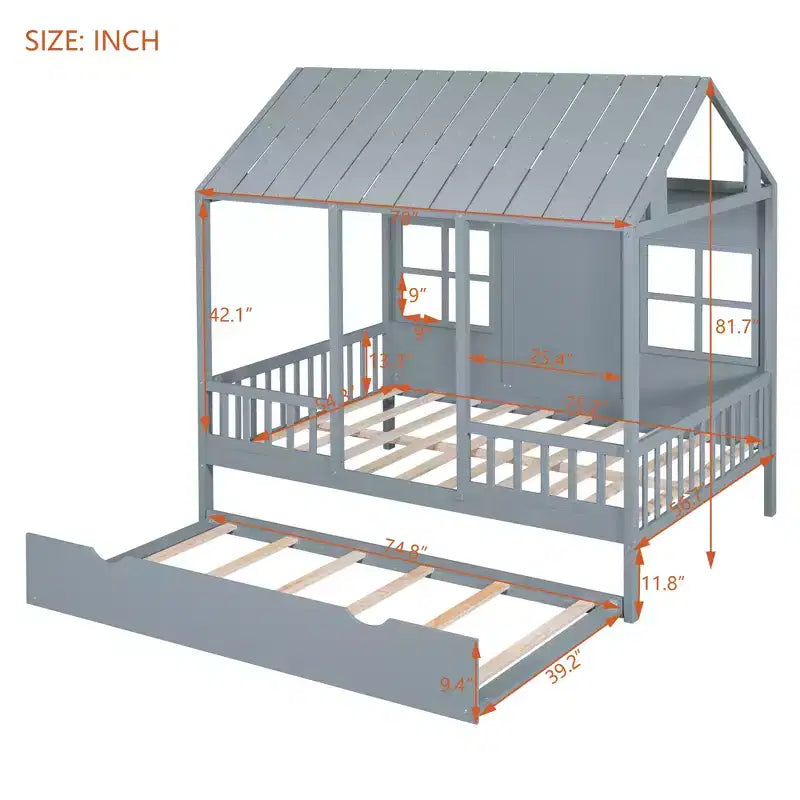 Letto a Capanna in Legno, Matrimoniale/Una Piazza e Mezza con Letto Estraibile, Struttura in Pino e Compensato, Bianco o Grigio