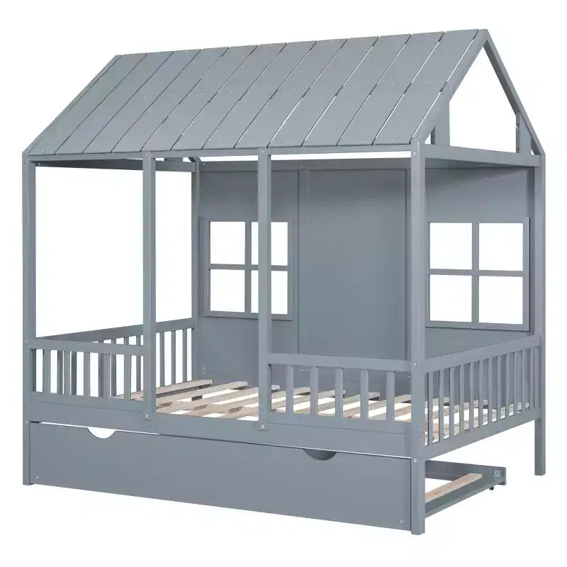 Letto a Capanna in Legno, Matrimoniale/Una Piazza e Mezza con Letto Estraibile, Struttura in Pino e Compensato, Bianco o Grigio