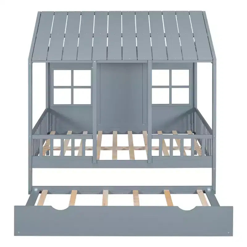 Letto a Capanna in Legno, Matrimoniale/Una Piazza e Mezza con Letto Estraibile, Struttura in Pino e Compensato, Bianco o Grigio