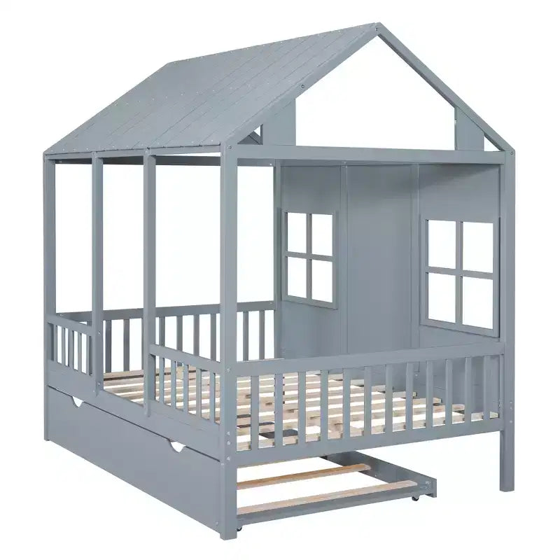 Letto a Capanna in Legno, Matrimoniale/Una Piazza e Mezza con Letto Estraibile, Struttura in Pino e Compensato, Bianco o Grigio