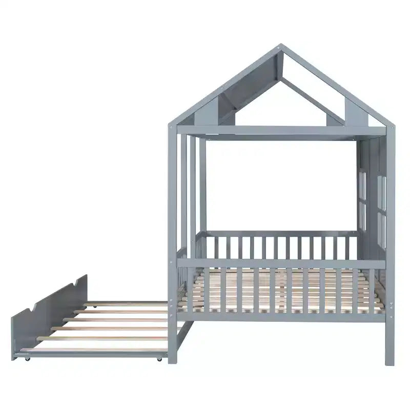 Letto a Capanna in Legno, Matrimoniale/Una Piazza e Mezza con Letto Estraibile, Struttura in Pino e Compensato, Bianco o Grigio