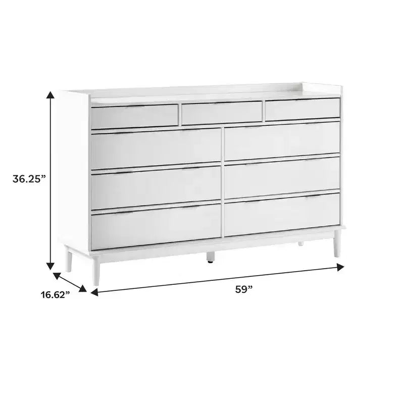Comò orizzontale Mid-Century Modern a 9 cassetti, Pino massiccio, Gambe affusolate, 148,89 cm L