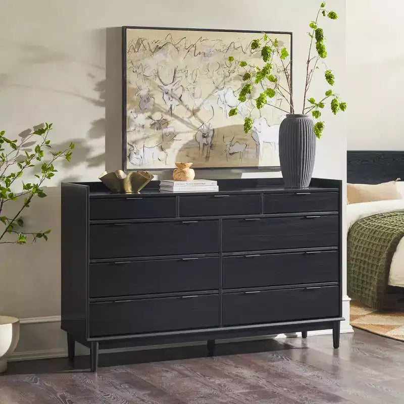 Comò orizzontale Mid-Century Modern a 9 cassetti, Pino massiccio, Gambe affusolate, 148,89 cm L