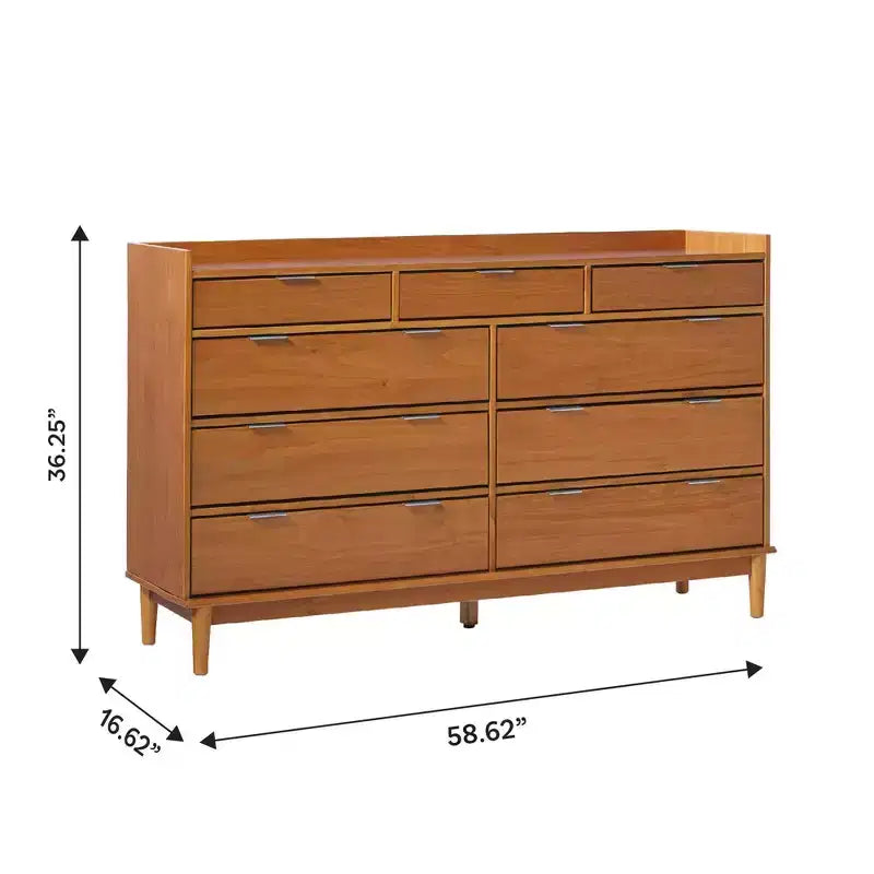 Comò orizzontale Mid-Century Modern a 9 cassetti, Pino massiccio, Gambe affusolate, 148,89 cm L