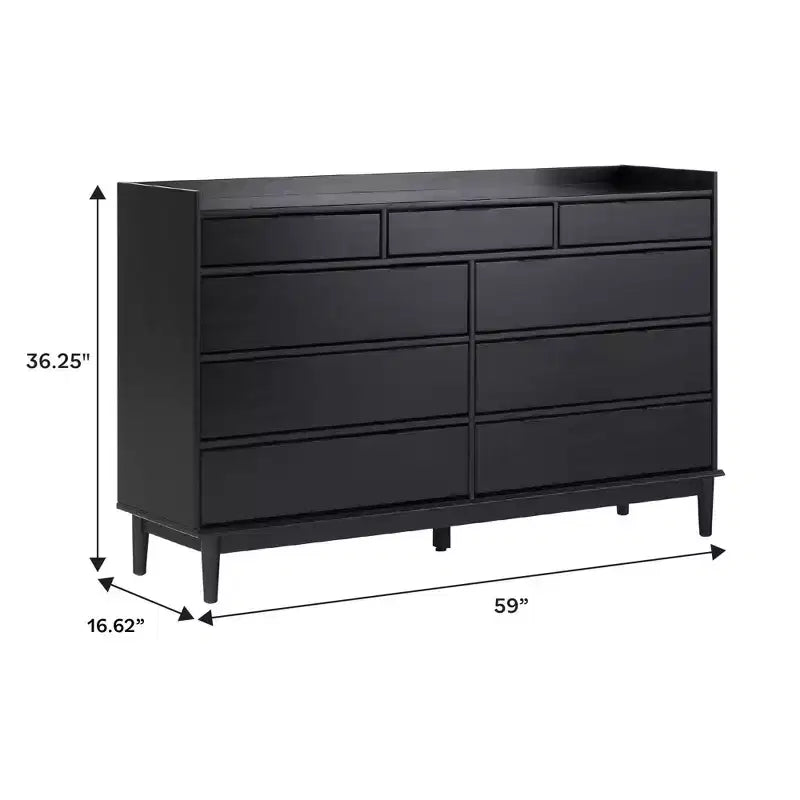Comò orizzontale Mid-Century Modern a 9 cassetti, Pino massiccio, Gambe affusolate, 148,89 cm L