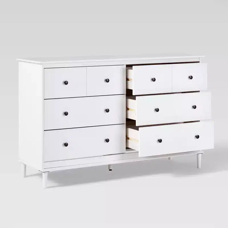 Comò orizzontale Mid-Century Modern a 6 cassetti, pino e MDF, gambe affusolate, 145 cm L