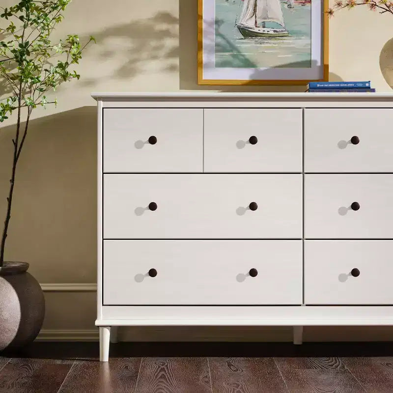 Comò orizzontale Mid-Century Modern a 6 cassetti, pino e MDF, gambe affusolate, 145 cm L