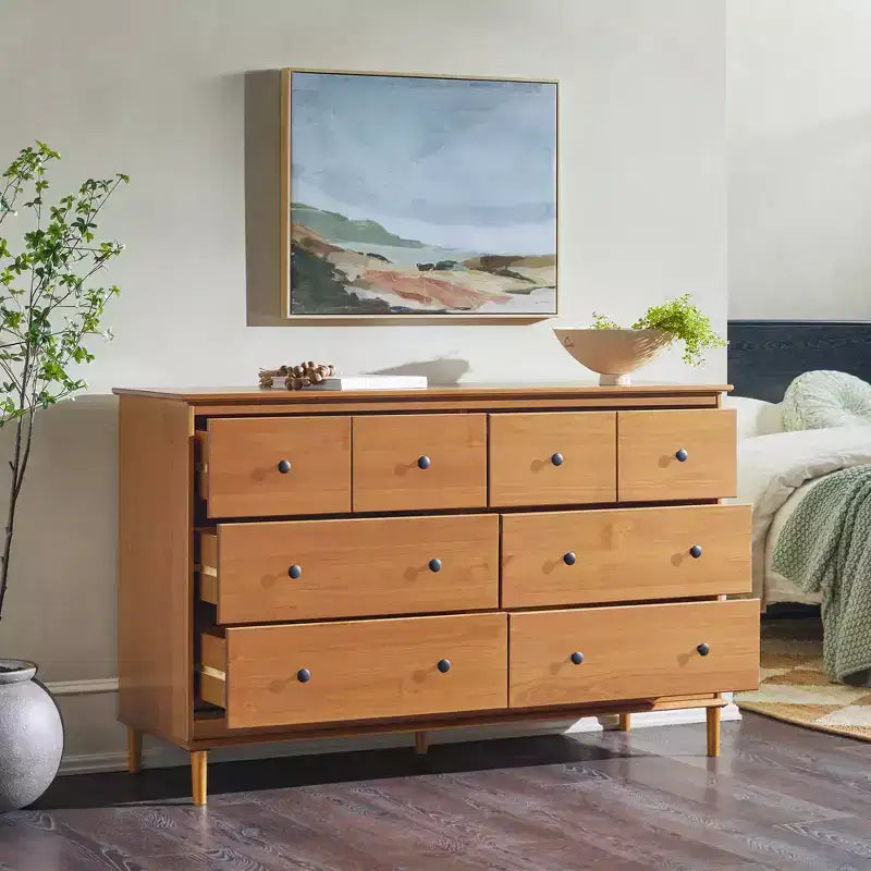 Comò orizzontale Mid-Century Modern a 6 cassetti, pino e MDF, gambe affusolate, 145 cm L