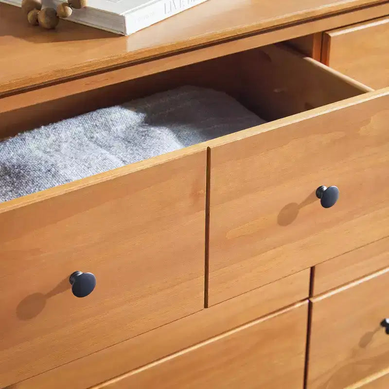 Comò orizzontale Mid-Century Modern a 6 cassetti, pino e MDF, gambe affusolate, 145 cm L