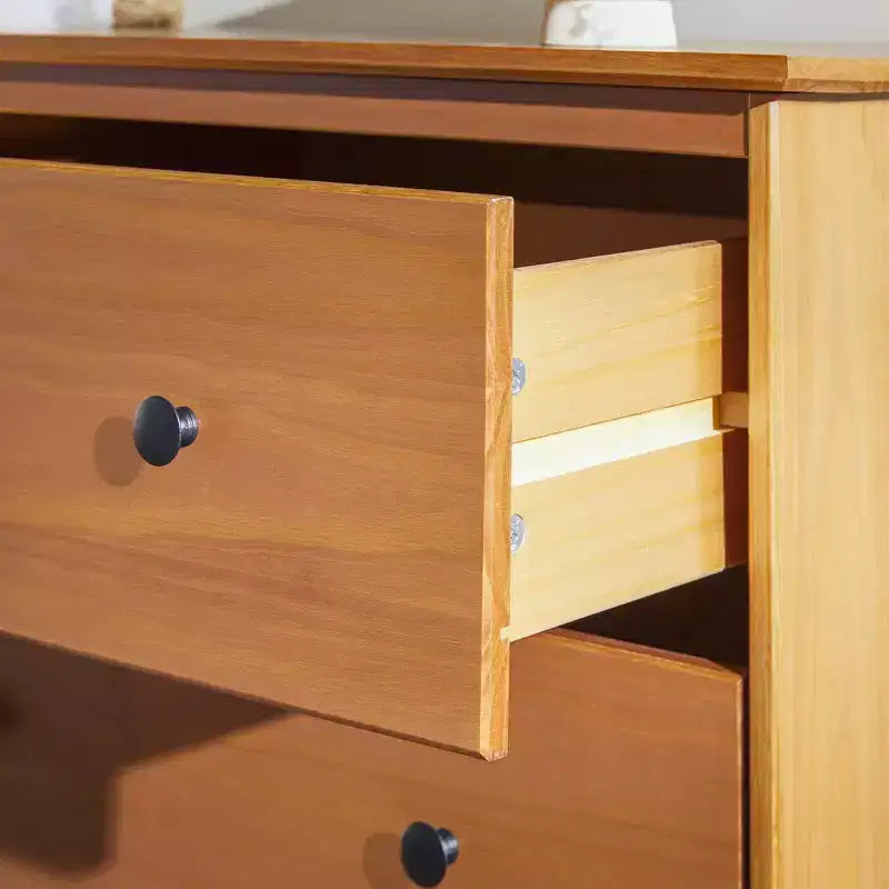 Comò orizzontale Mid-Century Modern a 6 cassetti, pino e MDF, gambe affusolate, 145 cm L
