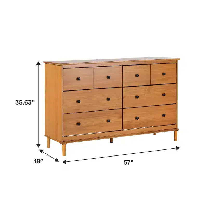 Comò orizzontale Mid-Century Modern a 6 cassetti, pino e MDF, gambe affusolate, 145 cm L