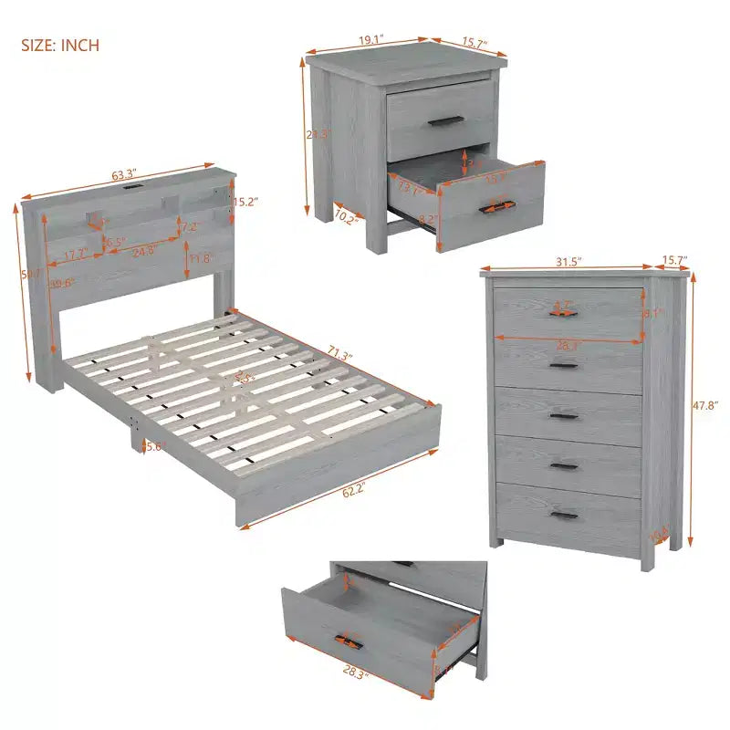 Set camera da letto Queen 4 pezzi: letto a piattaforma, 2 comodini e cassettiera, legno vintage, 300 kg