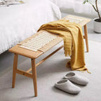 Woven Bench, Solid Oak Wood Dining Room Bench w/Rustic, Hand Woven Design, Long Bench Kitchen Bench for Dining Room Bedroom Entryway Bathroom