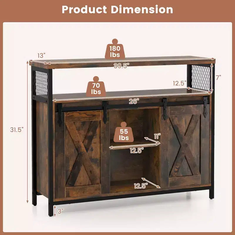 Madia buffet industriale con ante scorrevoli a fienile, 100 cm (L) x 33 cm (P) x 80 cm (A), 6 scomparti
