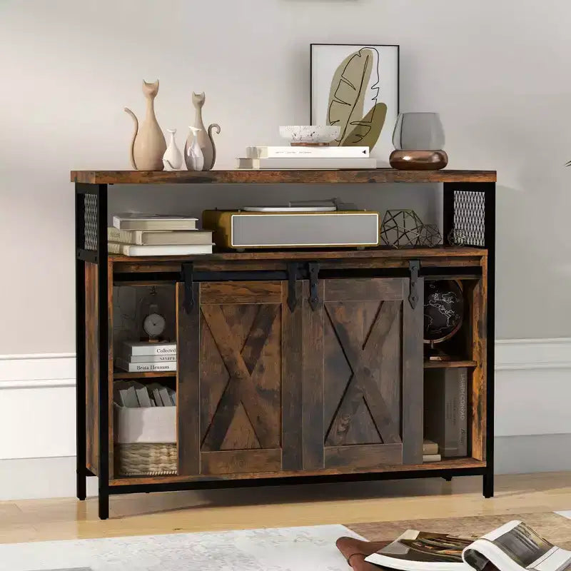 Madia buffet industriale con ante scorrevoli a fienile, 100 cm (L) x 33 cm (P) x 80 cm (A), 6 scomparti
