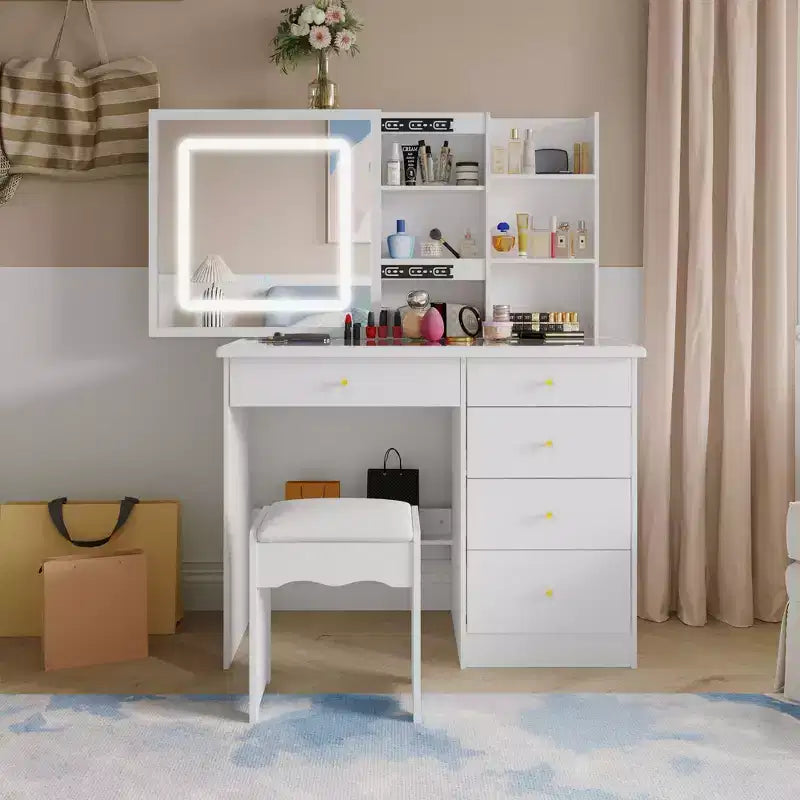 Toeletta Bianca con Specchio Scorrevole a LED, Mensole Nascoste e Sgabello, 39" L