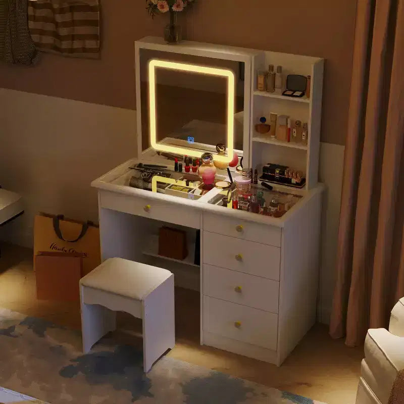 Toeletta Bianca con Specchio Scorrevole a LED, Mensole Nascoste e Sgabello, 39" L
