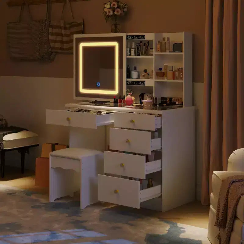 Toeletta Bianca con Specchio Scorrevole a LED, Mensole Nascoste e Sgabello, 39" L