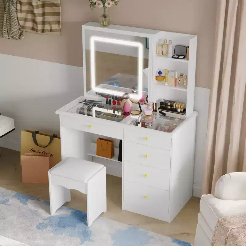 Toeletta Bianca con Specchio Scorrevole a LED, Mensole Nascoste e Sgabello, 39" L
