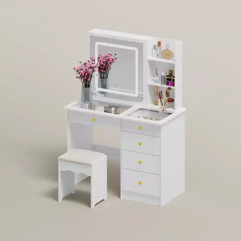Toeletta Bianca con Specchio Scorrevole a LED, Mensole Nascoste e Sgabello, 39" L