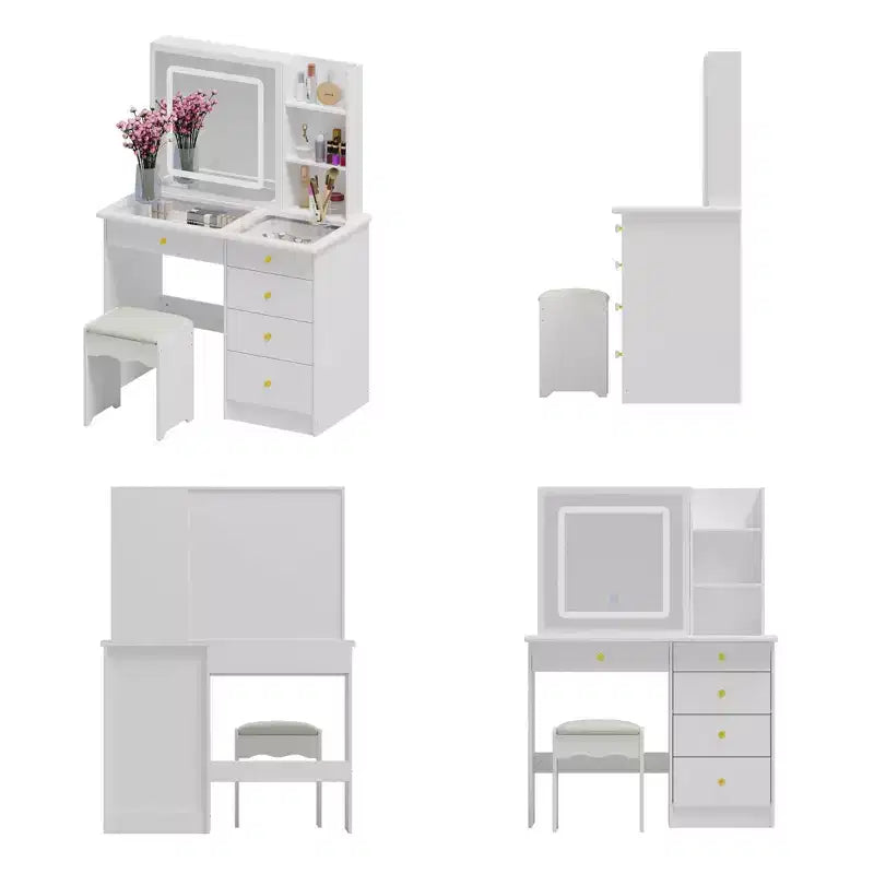 Toeletta Bianca con Specchio Scorrevole a LED, Mensole Nascoste e Sgabello, 39" L