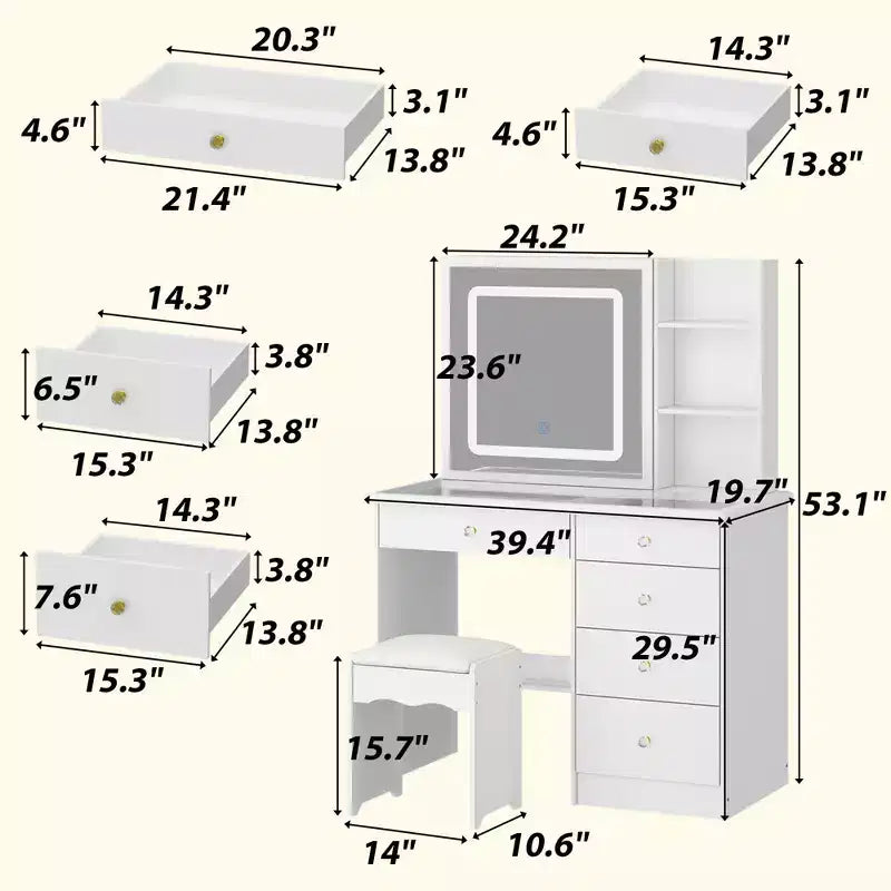 Toeletta Bianca con Specchio Scorrevole a LED, Mensole Nascoste e Sgabello, 39" L