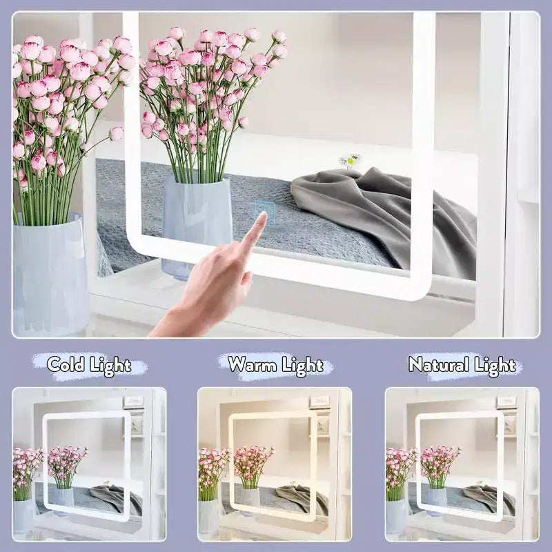 Toeletta Bianca con Specchio Scorrevole a LED, Mensole Nascoste e Sgabello, 39" L