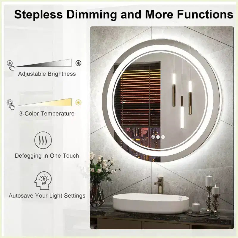 Specchio da bagno rotondo da 24" con LED, 3 temperature di colore, dimmerabile, antiappannamento