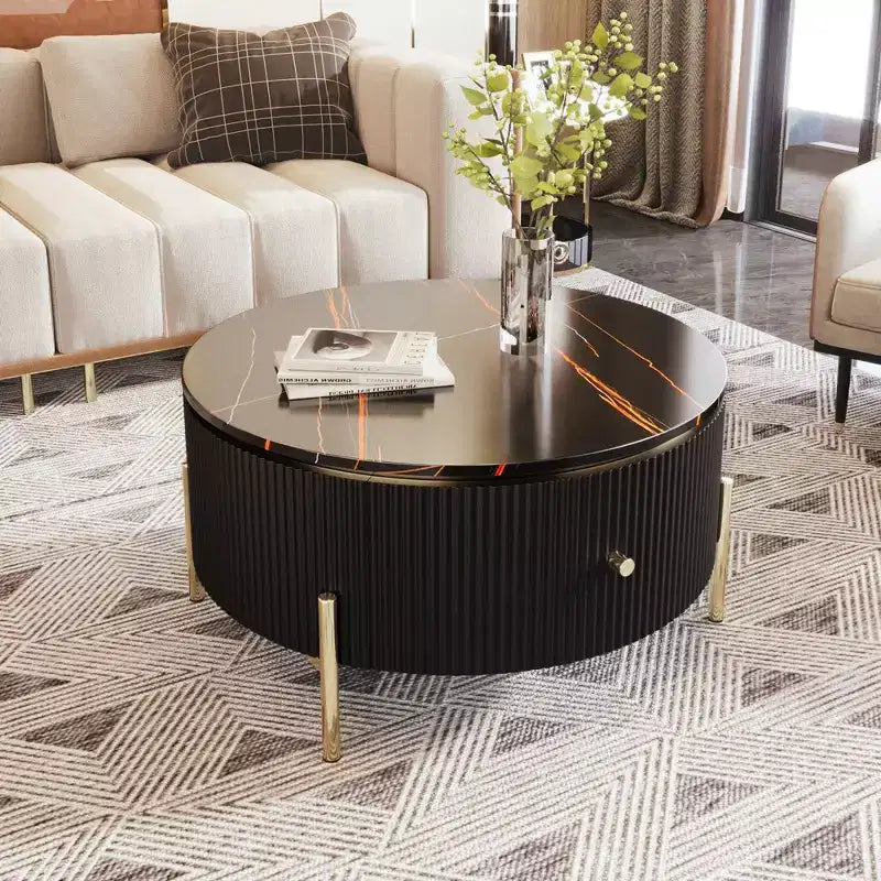 Tavolino rotondo 31,5" con piano in MDF effetto marmo, 2 cassetti, gambe dorate, nero
