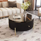 Tavolino rotondo 31,5" con piano in MDF effetto marmo, 2 cassetti, gambe dorate, nero