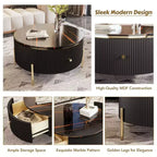 Tavolino rotondo 31,5" con piano in MDF effetto marmo, 2 cassetti, gambe dorate, nero