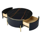 Tavolino rotondo 31,5" con piano in MDF effetto marmo, 2 cassetti, gambe dorate, nero