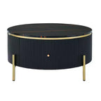 Tavolino rotondo 31,5" con piano in MDF effetto marmo, 2 cassetti, gambe dorate, nero