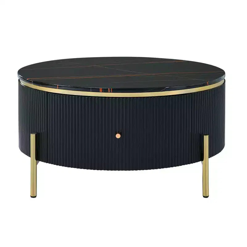 Tavolino rotondo 31,5" con piano in MDF effetto marmo, 2 cassetti, gambe dorate, nero