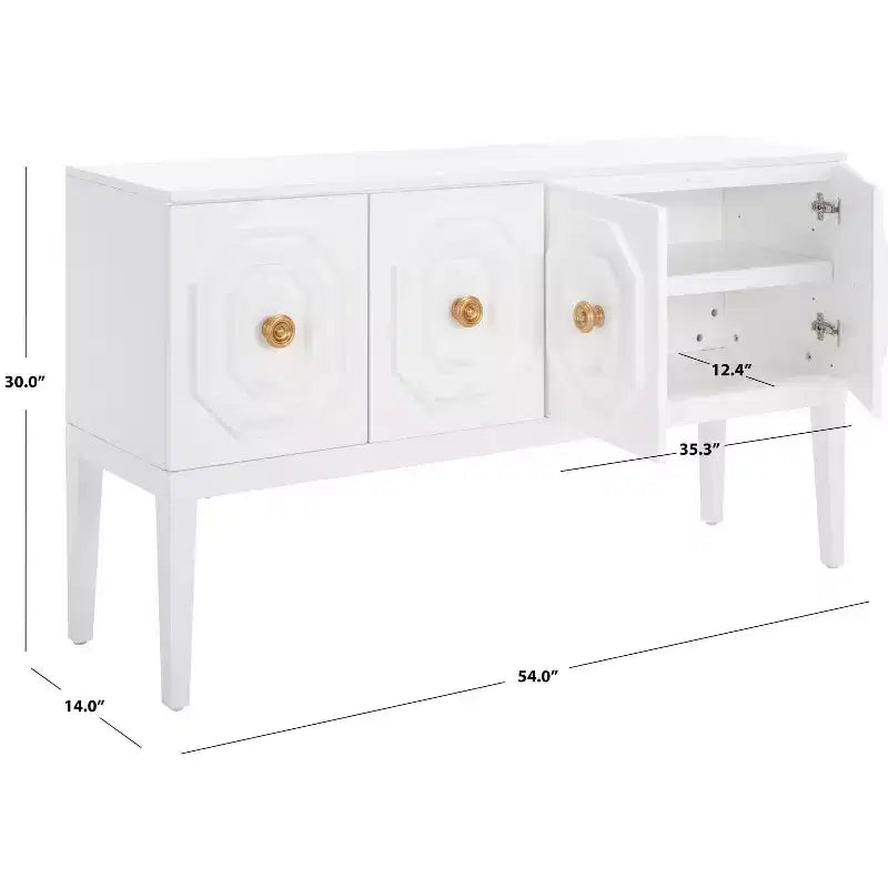 Credenza bianca lucida, 3 ante e 2 ripiani regolabili, 137L x 35,5P x 76A
