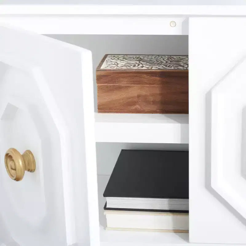 Credenza bianca lucida, 3 ante e 2 ripiani regolabili, 137L x 35,5P x 76A