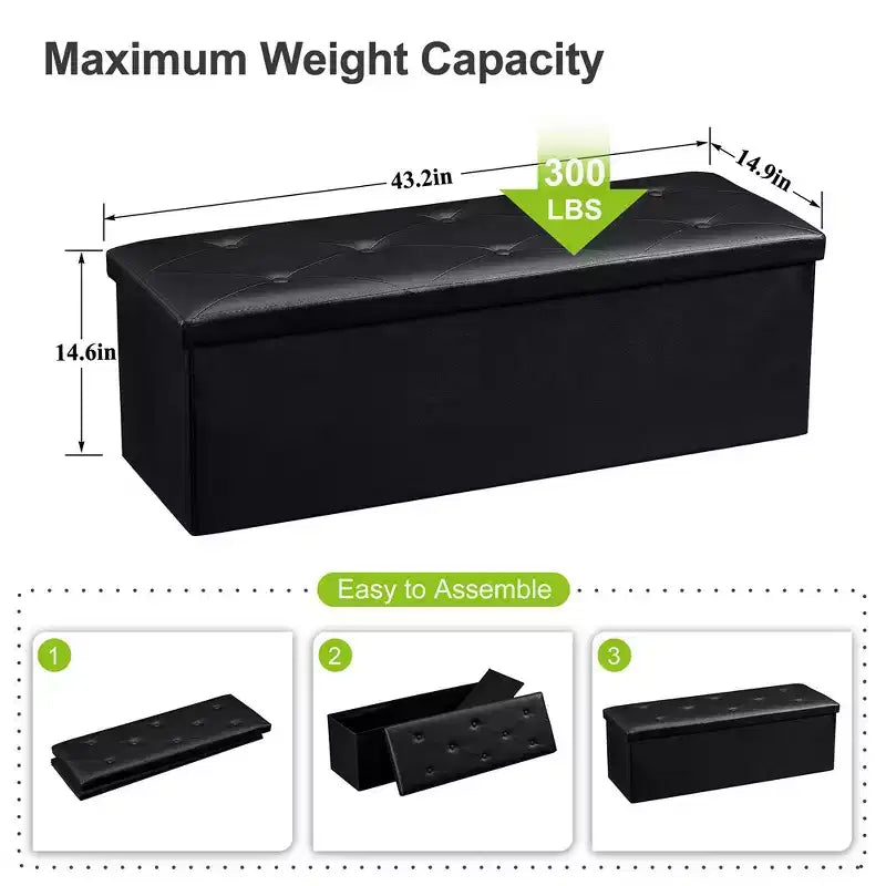 Panca pouf contenitore pieghevole, similpelle, capacità 300 kg, 40 cm L x 38 cm H