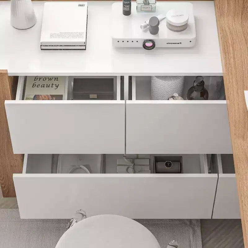Toeletta Trucco Estensibile e Girevole con Cassetti e Scaffali, Marrone e Bianco, MDF