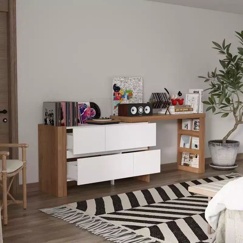 Toeletta Trucco Estensibile e Girevole con Cassetti e Scaffali, Marrone e Bianco, MDF